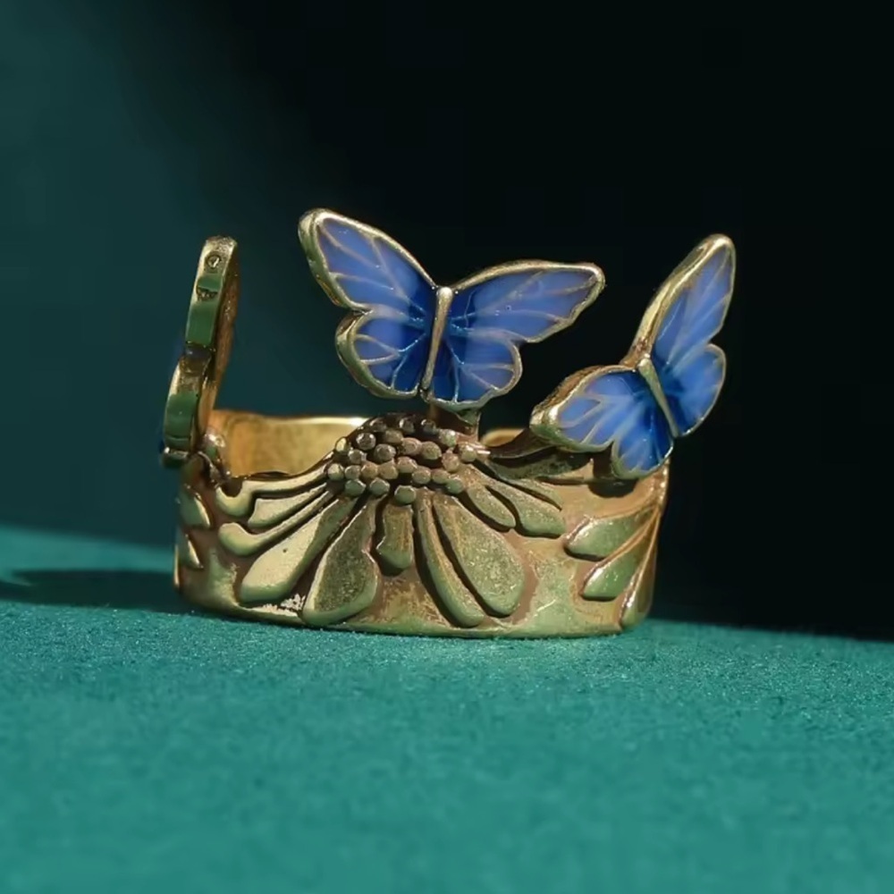 Celestial Blue Butterfly Eternal Antique Brass Masterpiece Ring - Picture 2 of 8